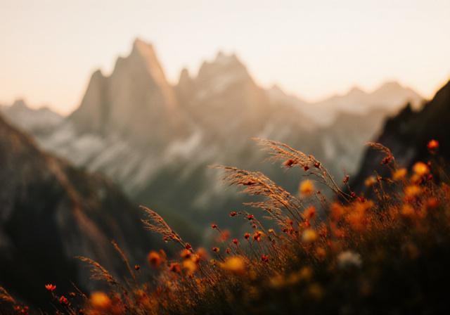 Paesaggio alpino con fiori che resistono al vento